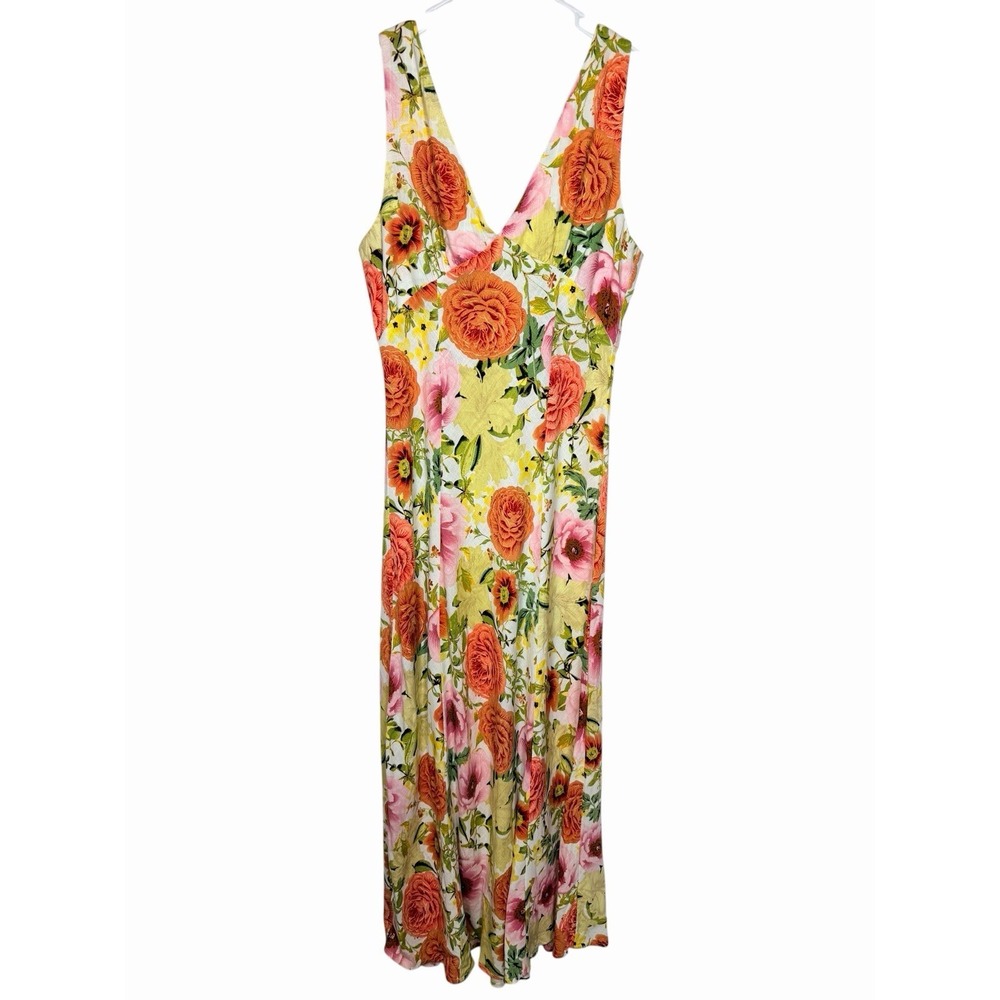 Paper Heart Womens Maxi Dress Sz Large Green Pink Floral Rayon Linen Sleeveless